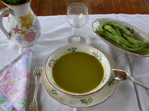 Potage printanier à la fève dans son assiette