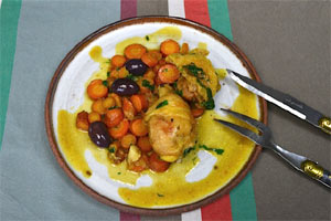 Fricassée de poulet aux carottes et aux olives