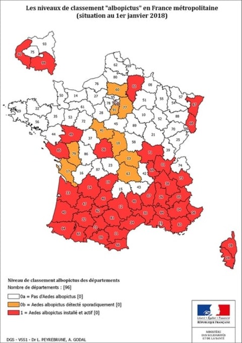 Carte de répartition 2018 du moustique tigre en France