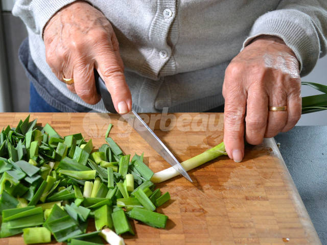 Découpe des poireaux sauvages en tronçons