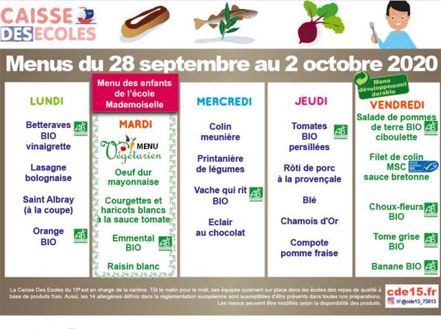 Menus hebdomadaires dans une école maternelle