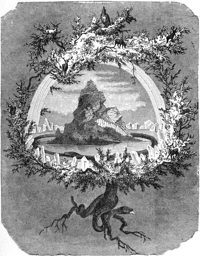  L'Arbre du Monde Yggdrasil (ici un frêne), et quelques-uns de ses habitants, gravure de Friedrich Wilhelm Heine (1845-1921), extraite de Asgard and the gods (« Asgard et les dieux ») de Wilhelm Wägne