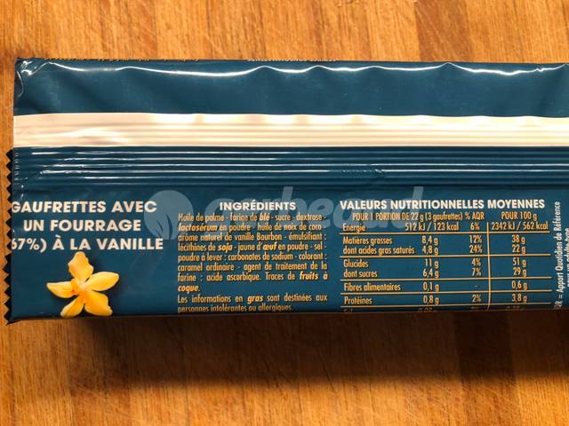 Etiquette ingrédients et valeurs nutritionnelles de biscuits industriels