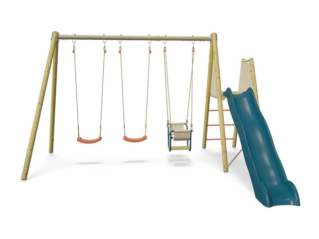 Portique bois avec toboggan et nacelle