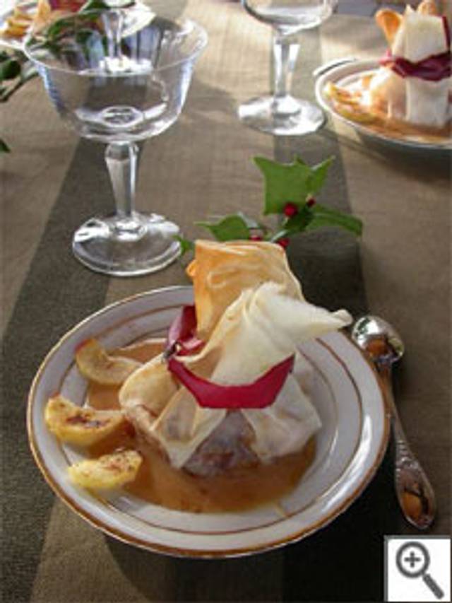 Aumonière aux litchis et aux pommes confites