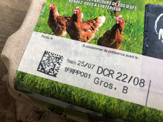DCR sur une boîte d'oeufs (date de consommation recommandée)