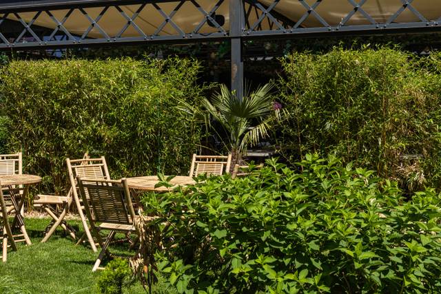 Salon de jardin en bambou sous une pergola